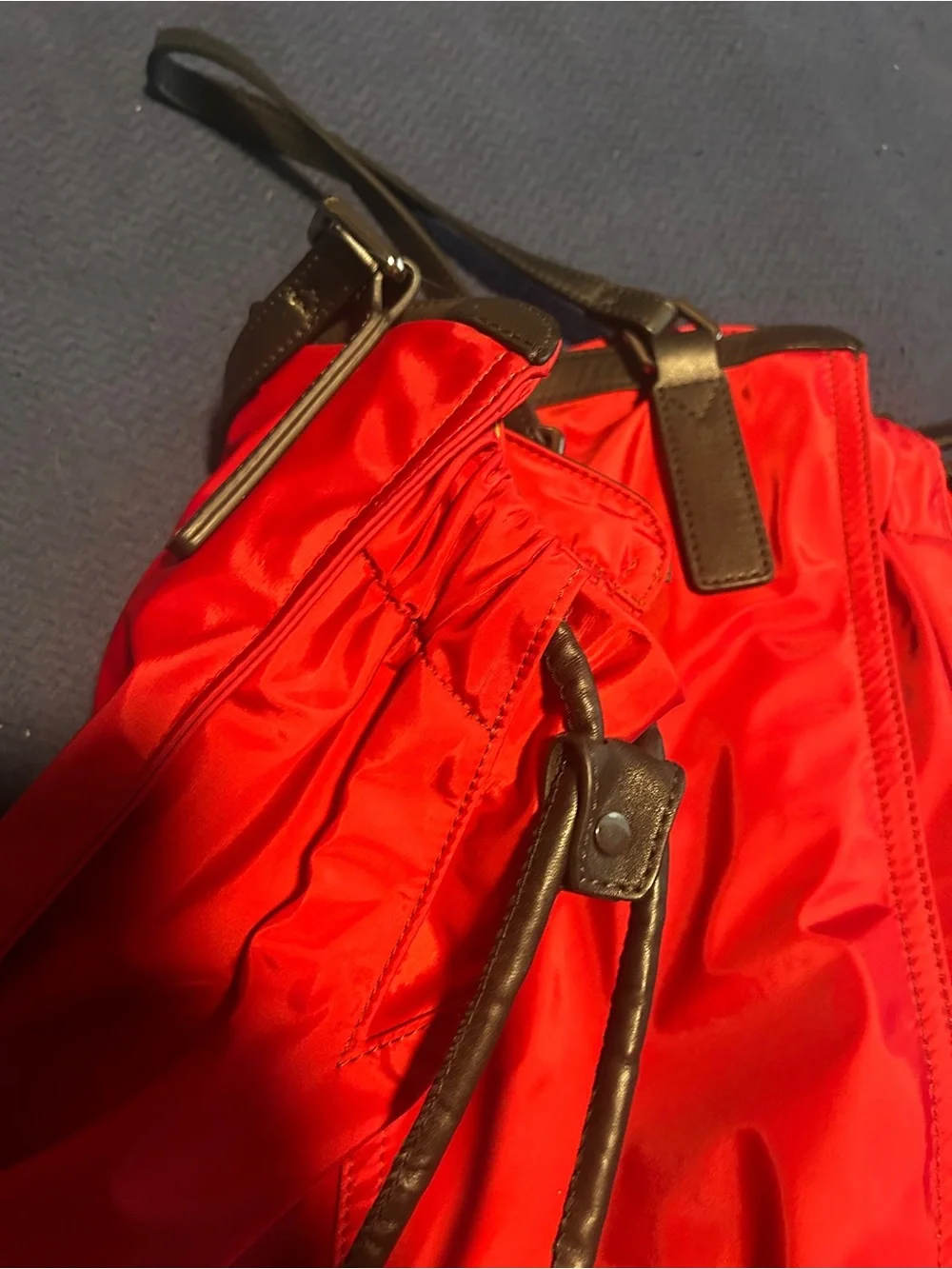Red Burberry Buckleigh Nylon Tote Bag with Black Leather Trim